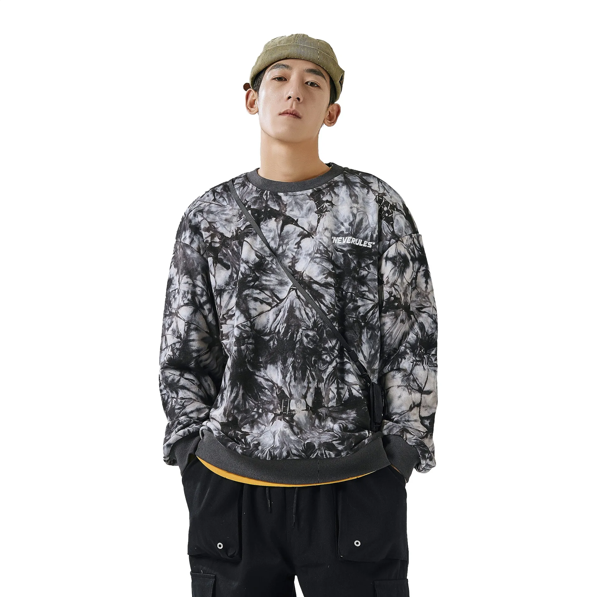 

City Where the Product 2020 Spring Back Printed Letter Tie-dye Hoodie Popular Brand round Neck Sweater