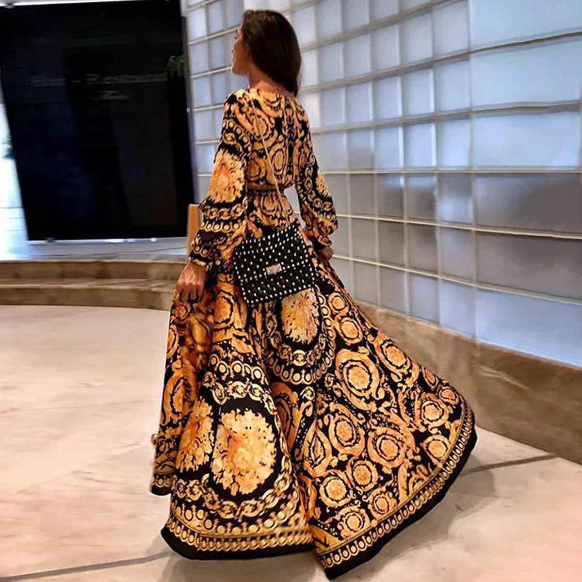 

Floral Printed Royal Maxi Dress Autumn Women Long Lantern Sleeve Belted Sexy Thigh Split Long Dress 2019 Vintage Boho Sundresses