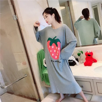 

Large Size Fashion Nightdress Autumn Loose Shirt NIght Dress Women Fruit Printed Long Nightdress