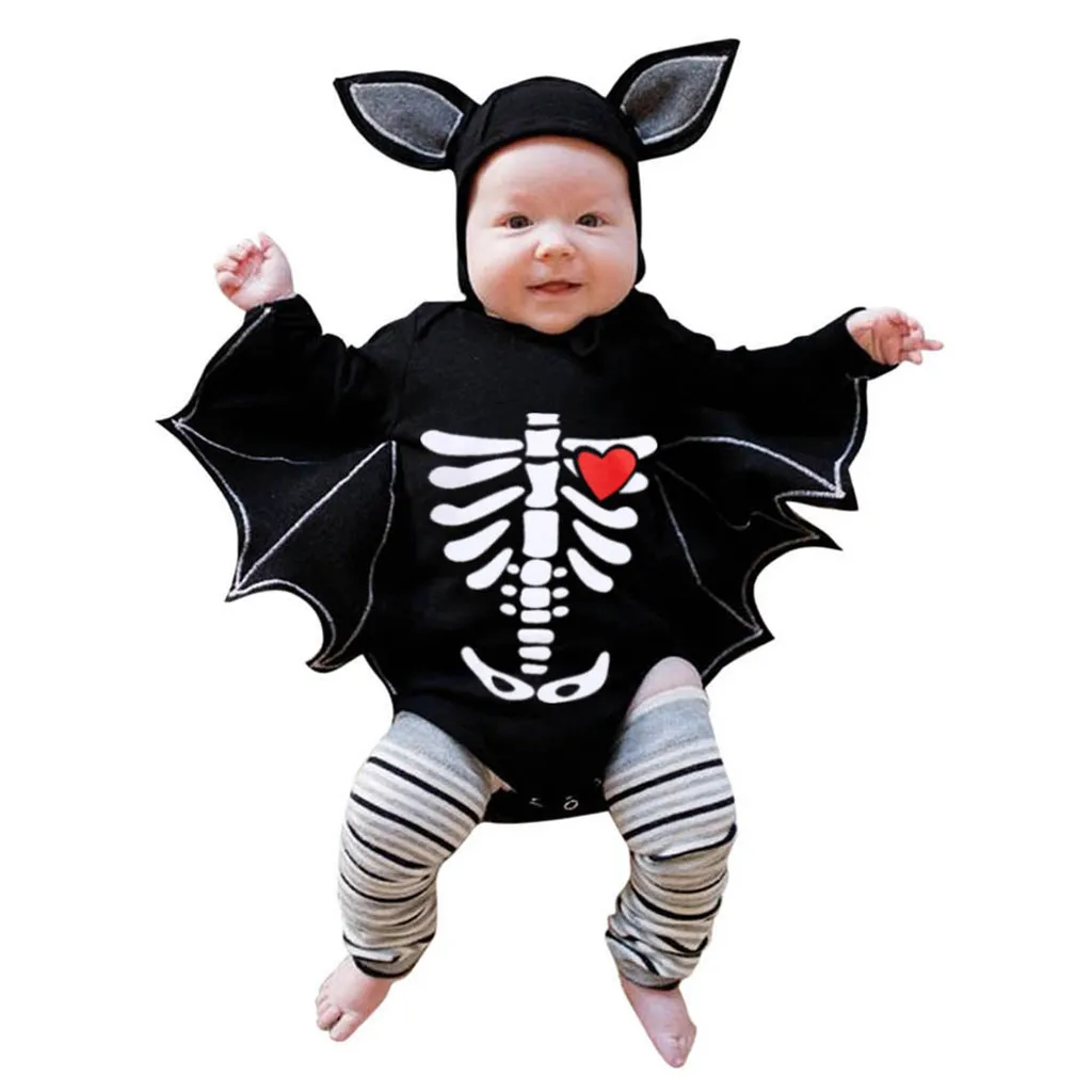 Winter Clothing-set Party-wear Clothes Newborn Baby Boys Girls Halloween Cosplay Costume Print Romper Bodysuit+Hat Outfits