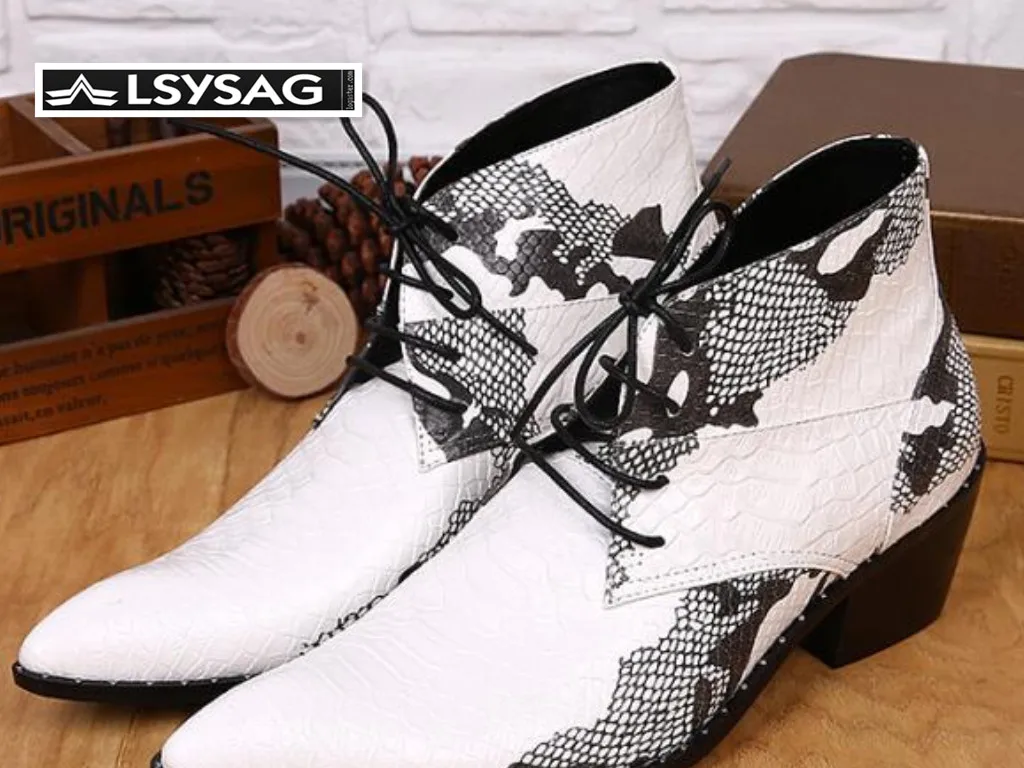 

Fashion Luxury Genuine Leather Men Boots Printing Lace Up Ankle Boots British Style Pointed Toe Cowboy Boots Plus Size