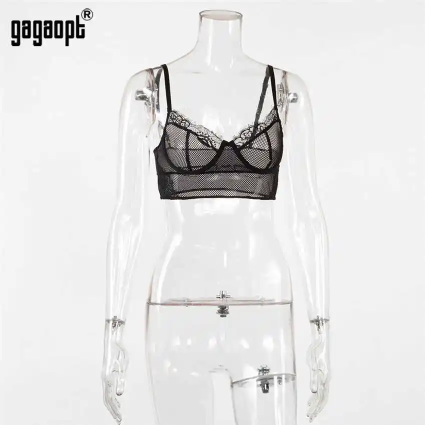 Gagaopt, сексуальные кружевные короткие топы, женский бюстгальтер без косточек, Женская Цветочная вышивка, камзол, топы на бретелях, уличная одежда, Blusas - Цвет: Черный