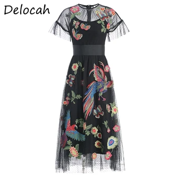 

Delocah Spring Summer Women Dress Runway Fashion Designer Short Sleeve Gorgeous Embroidery Elegan Slim Holiday Ladys Dresses