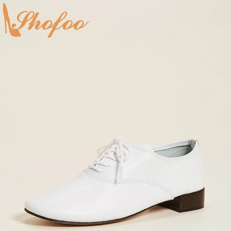 

White Round Toe Pumps Lace-Up At Top Woman Low Chunky Heels Large Size 13 14 Ladies Autumn Fashion Casual Mature Shoes Shofoo