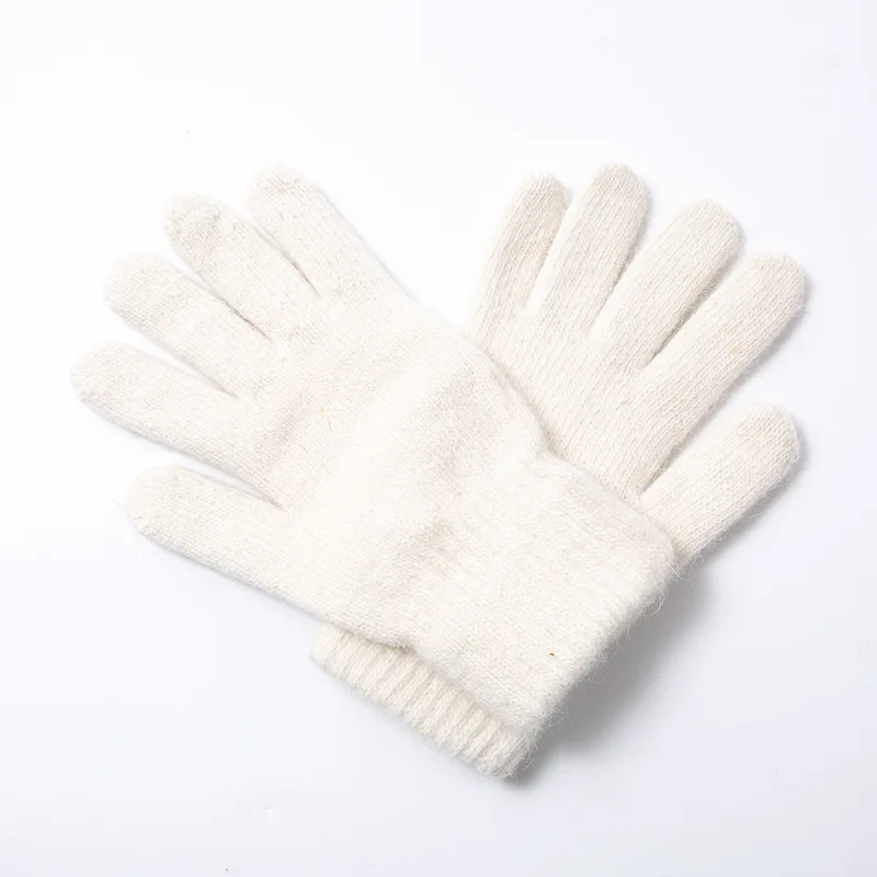 Осенне-зимние теплые вязаные мужские и женские перчатки из кроличьего меха, уплотненные эластичные волшебные перчатки с пятью пальцами - Цвет: white