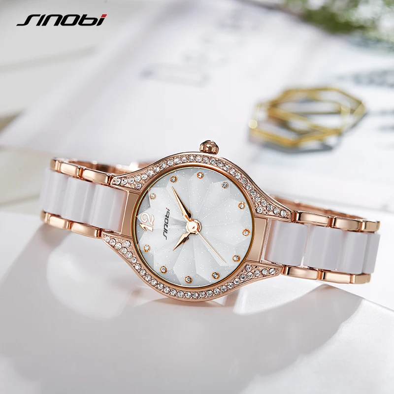 Новинка, женские часы SINOBI, Модный цветочный принт, браслет, часы для женщин, элегантные женские наручные часы, золотые бриллиантовые кварцевые наручные часы