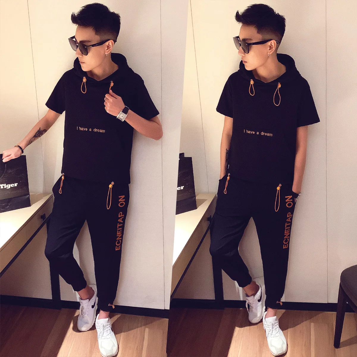 

Summer New Goods Hoodie MEN'S Short Sleeve Shirt Capri Pants a Set of Teenager Hooded Sports Set Fashion Tz801/75