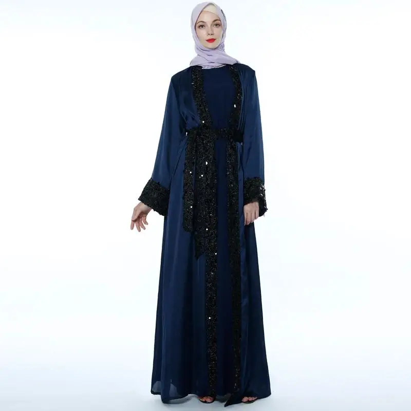 Дубай открытый кардиган Абаи Для женщин атласная блесток мусульманское длинное платье кимоно кафтан халат платье с длинным рукавом платье