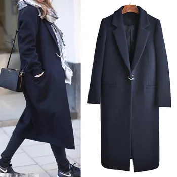 

Plus size coat Artificial wool blends 2020 spring fashion long coat women Dark blue winter Turn-down Collar Office Lady clothing