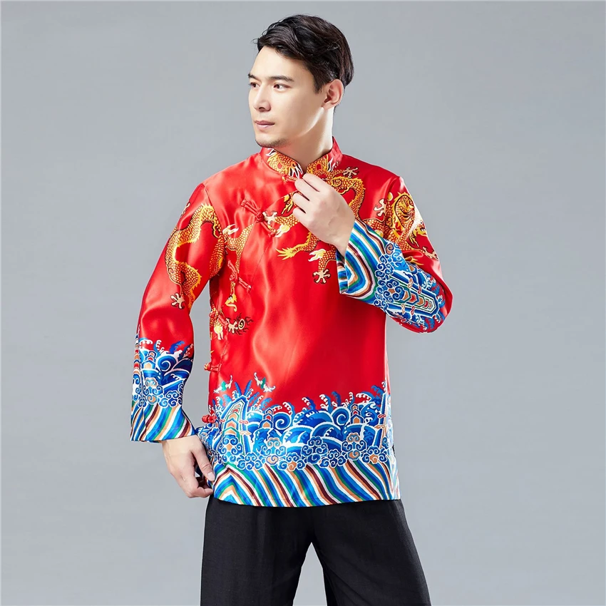 Traditional Chinese Clothing for Men Long Sleeve Shirt Print Dragon Mens Retro Tang Suit Chinese Fashion Style Cheongsam Top