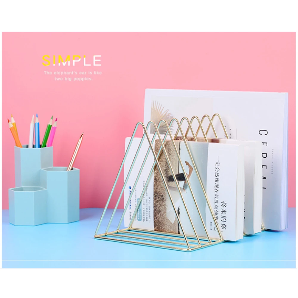 

Bookshelf Metal Triangle Desktop Storage Book Rack File Organizer Copper Wire Magazine Rack Document Organizer for Office School