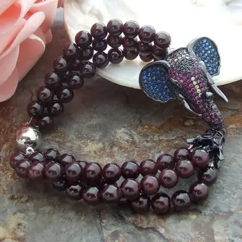 

H070112 3Strsnds 8'' Natural 6mm Garnet Bracelet CZ Pendant