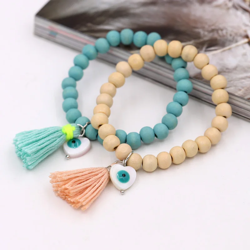 Boho-Armbänder für Damen, 2022, neue Mode, Holzperlen, Quaste, Herz, Glücksbringer, Charm-Armband, Schmuck, Geschenk, Großhandel