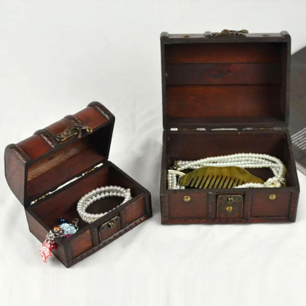 2 Pcs Small Big Set Vintage Wooden Treasure Chest Necklace Bracelet Earrings Holder Storage Box Jewelry Packaging 