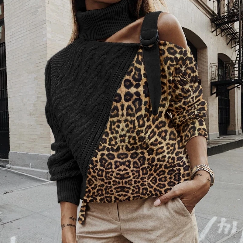 Леопардовый лоскутный вязаный свитер для женщин с открытыми плечами Водолазка Теплые осенние свитера пуловер зимний длинный рукав в полоску ребристые Топы - Цвет: 04 Leopard Black