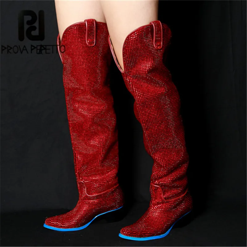 Prova Perfetto стразы украшение выше колена Длинные трубы bottes femme низкий каблук Platorm сапоги для женщин водонепроницаемый натуральная кожа