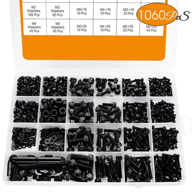 

1060pcs M2M3M5M4 Hex Socket Screw Set Carbon Steel Flat Round Cap Head Screws Bolts and Nuts Assortment Kit with Storage Box