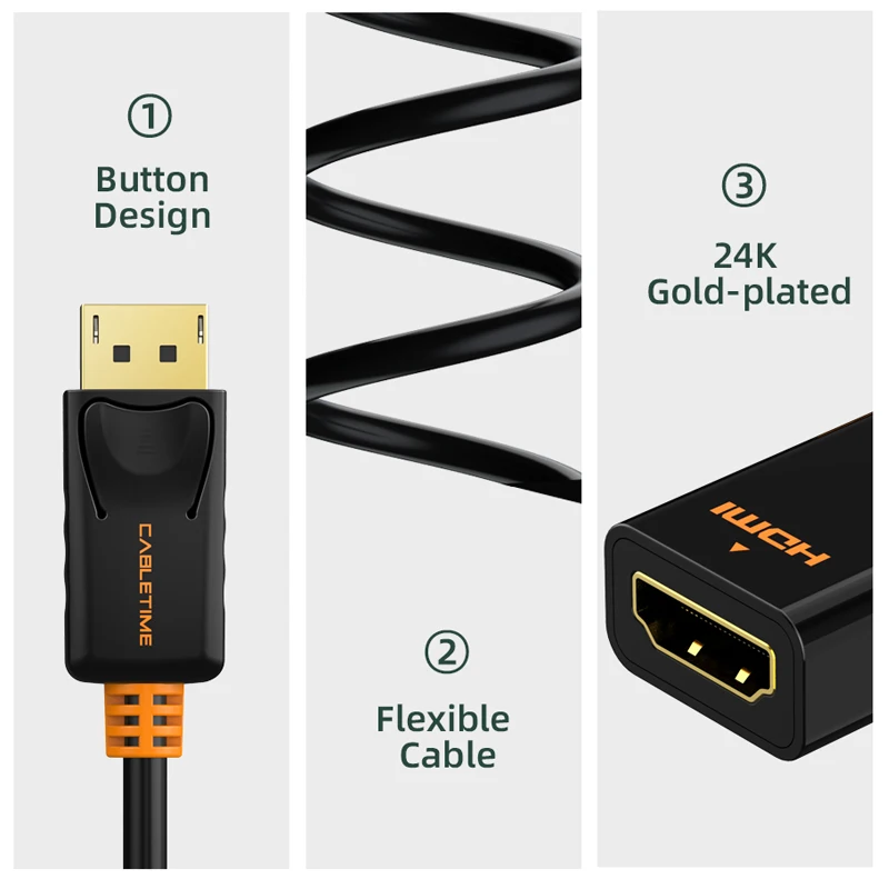 CABLETIME HDMI адаптер отображение 4k видео Порты и разъёмы Адаптер DP к 1080P дисплей