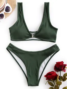 

Zaful Front Closure Textured Ribbed High Cut Bikini Sets Swimsuit