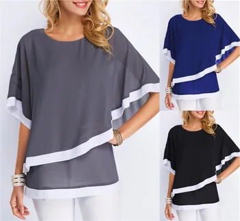 

Summer Chiffon Women Shirt 2020 Bat Sleeve Stitching Irregular Loose Casual 5XL Big Tops And Plus Size Blouse Female Tunic