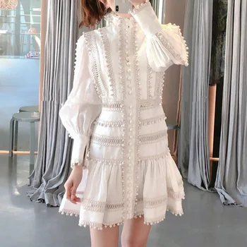 

[LIVIVIO] Lantern Sleeve Stand Neck Single Breasted High Waist Elegant Women's Mini Dresses