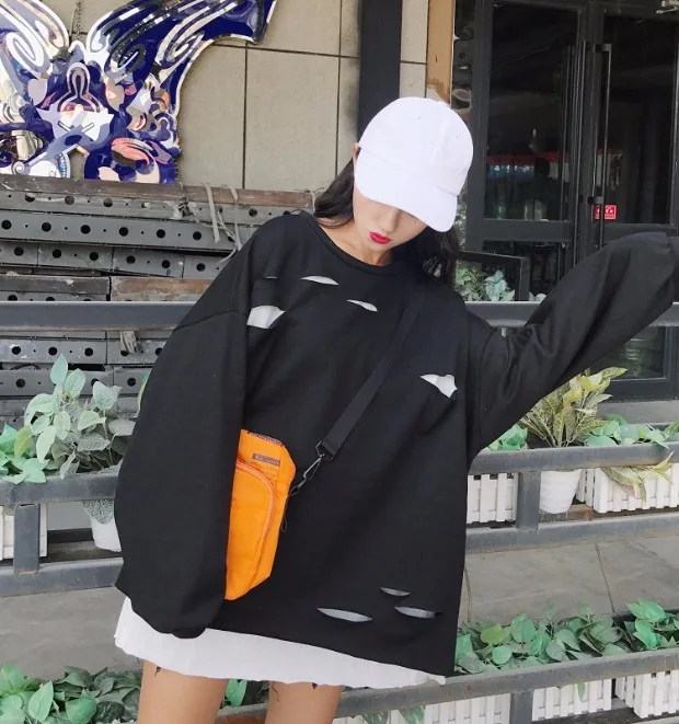 Модный свитер, топ Femme, Осенний корейский Ulzzang Harajuku, с дырками, поддельный, 2 предмета, пуловер с длинными рукавами, толстовки, женские