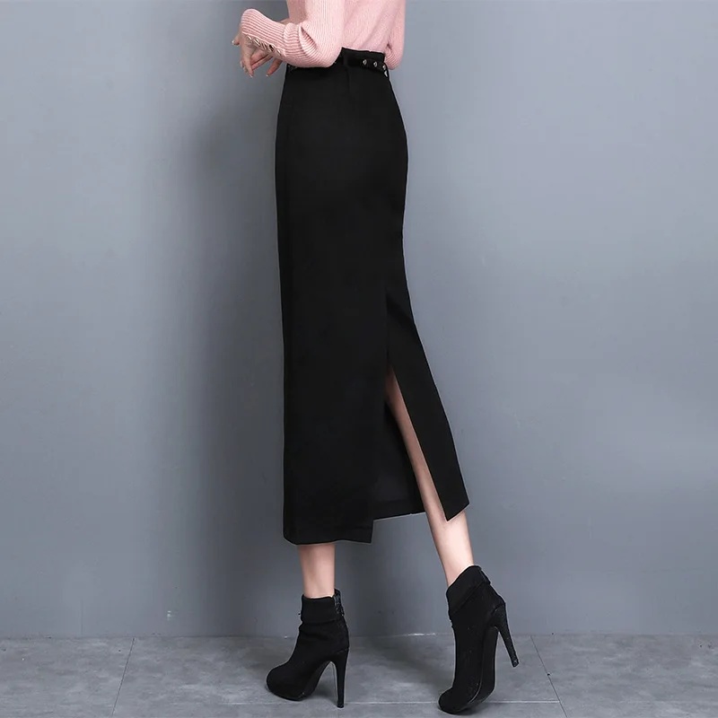 Черные шерстяные юбки средней длины с разрезом сзади для женщин; сезон осень-зима; плотные прямые рабочие юбки для офисных леди со свободным поясом; 3582LY