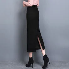 Черные шерстяные юбки средней длины с разрезом сзади для женщин; сезон осень-зима; плотные прямые рабочие юбки для офисных леди со свободным поясом; 3582LY