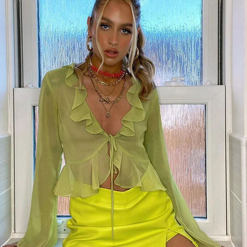 Fashion Boho Ruffle Blouse See-Through Lace V-Neck Tops For Women Long Sleeve Summer Shirt Party Beach Cropped Top 2025