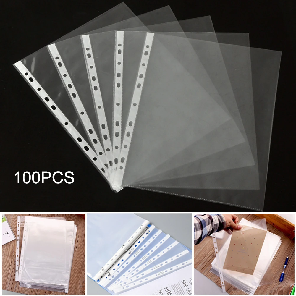 100 A4 Hole Punched See Through Protective Sleeve Filing Plastic Wallets 11 Hole