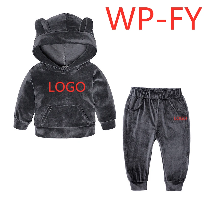 WP-FY, Модный осенне-зимний флисовый теплый свитер для мальчиков и девочек, Детский свитер с капюшоном, костюм, пуловер+ штаны - Цвет: Dark Grey