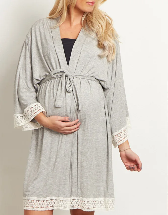Maternity Robe Nightwear Lace Trim Half Sleeve Nightgown Sleepwear Breastfeeding Pajamas Pregnancy Labor Delivery Nursing Pijama (2)