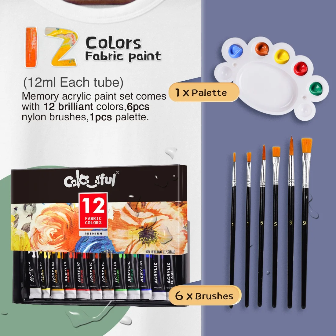 Fabric Paint Set for Clothes 6 Brushes 1 Palette 12 Colors Permanent Textile Puffy Paint Kit for Shoes Canvas