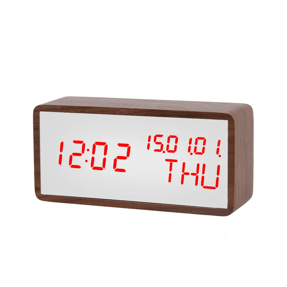 Светодиодный настольный часы с календарем, цифровой Деревянный Зеркальный будильник, большой таймер, голосовое управление, повтор, Despertador, настольные часы, USB/AAA - Цвет: 4-2