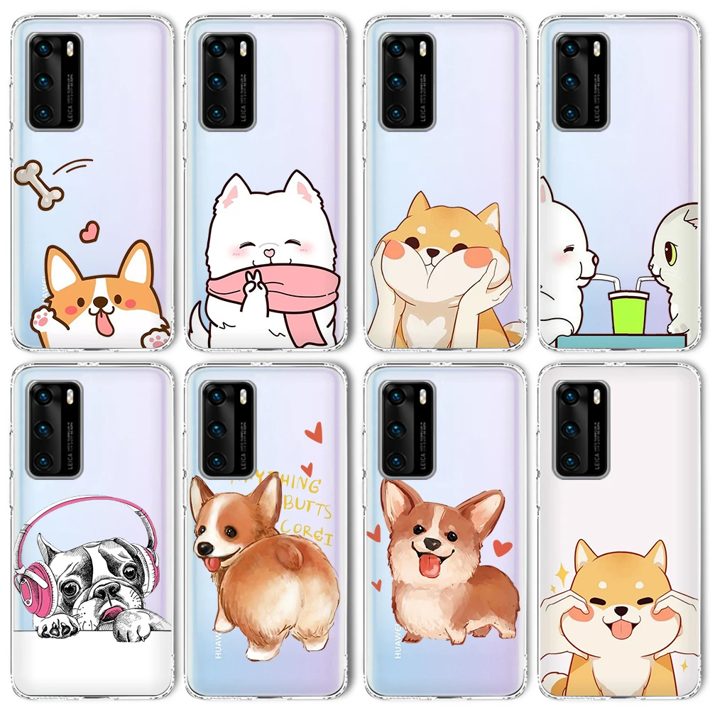 Милый чехол с собакой корги для Huawei P40 P30 P20 Mate 40 30 20 Honor 10i 8X 10 9X Nova 5T Lite Pro P Smart 2021 TPU |