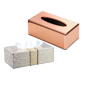 

2 Pcs Car Home Rectangle Shaped Tissue Box Household Living Room Desktop Napkin Tissue Holder, Rose Gold & White+Gold