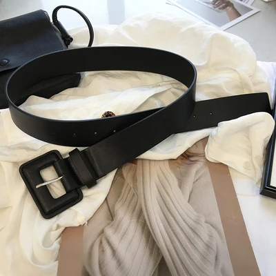 3 Colors Women Ins PU Belt Broad Solid Fashion All Match Buckle Belt Elegant Lady Street Waistband Overcoat Dress Accessories - Цвет: Black