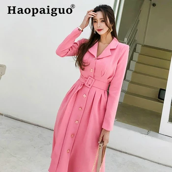 

Big Swing Pink Blazer Dress Women Long Sleeve Singer Button Autumn Dress Women with Sashes Solid OL Office Work Dresses Winter