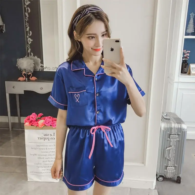 

New Silk Pajamas for Women Home Wear Satin Pyjamas Women Pijama Femme Loungewear Sleepwear Short Sleeve Nightwear Set Pj Set