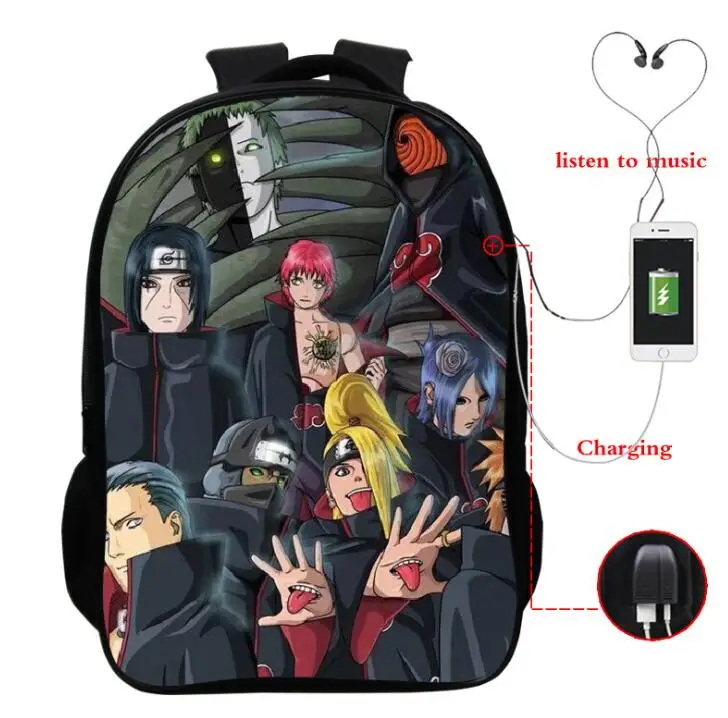 Аниме Наруто Sauke Itachi многофункциональные рюкзаки для подростков мальчиков и девочек зарядка через usb разъем для наушников школьные сумки Дорожная сумка - Цвет: 27
