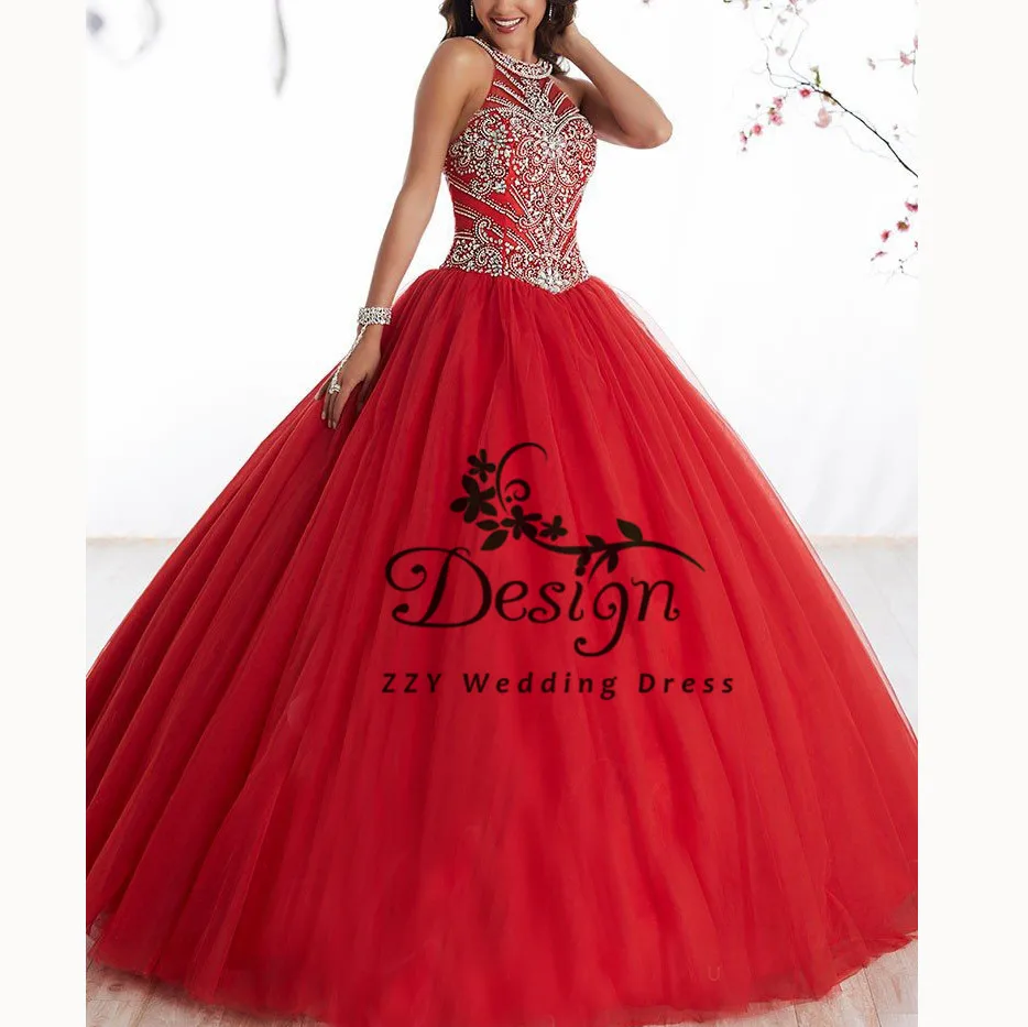 Красный Vestidos de 15 anos quinceanera красное Тюлевое платье с лямкой на шее, украшенное бисером и кристаллами, пышное платье с аппликацией и шлейфом, милое платье 16 - Цвет: Красный