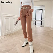 2021 Autumn and Winter Brown Trousers Straight-leg Temperament Commuter Harem Pants Without Belt High Waist Loose Sweatpants