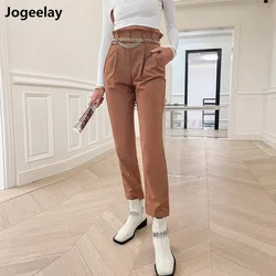 Pantalon sarouel marron à jambes droites sans ceinture, survêtement taille haute, ample, automne et hiver 2021 