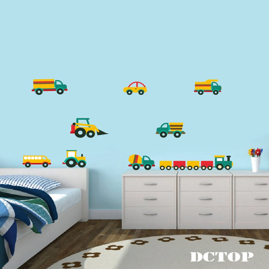 

Cute Transportation Toys DIY Wall Sticker Tractors Trucks Car Cartoon Removable Decals For Nursery Kids Room Boys Bedrooms