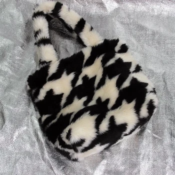 

Women Winter Fur Square Houndstooth Handbag Corduroy Flower Day Clutches Fashion Large Capacity Zebra Pattern Star Plush Bag