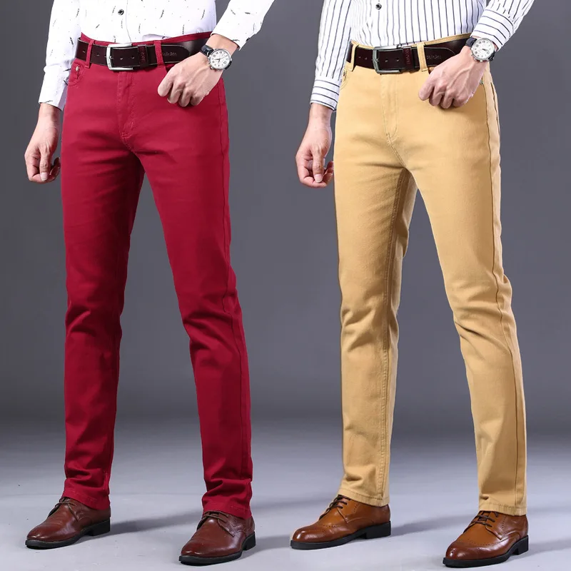 Classic Style Men's Wine Red Jeans Fashion Business Casual Straight Denim Stretch Male Brand Pants _ - AliExpress Mobile