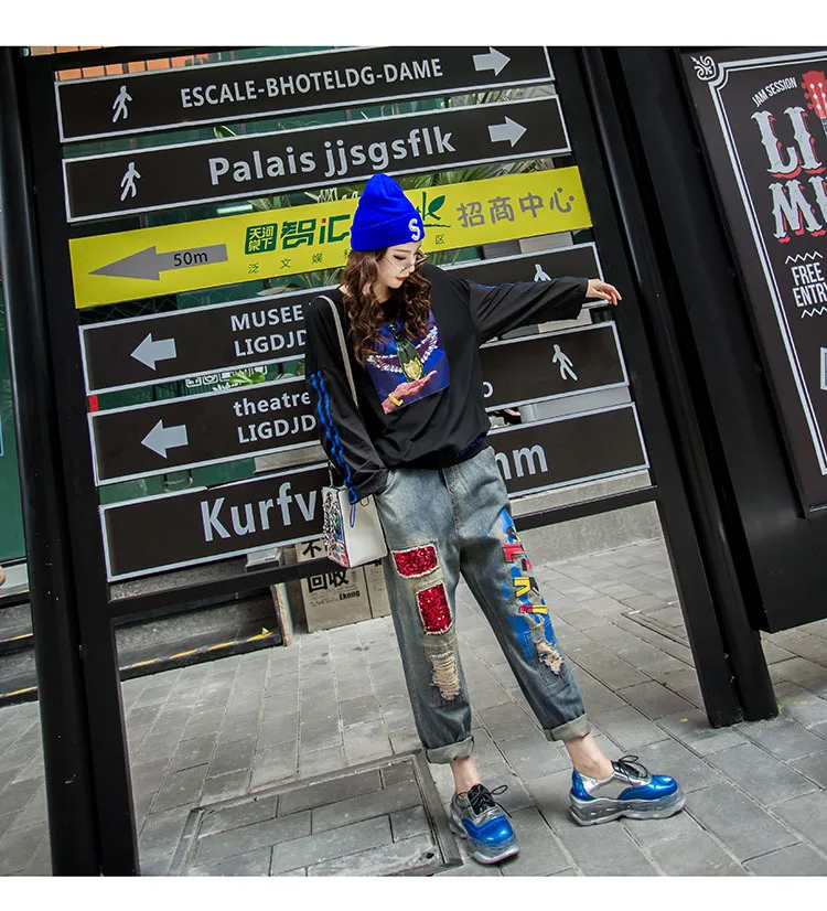 Harajuku свитер Модная европейская уличная Женская Лоскутная футболка с принтом винтажная Женская Осенняя рубашка LT297S30