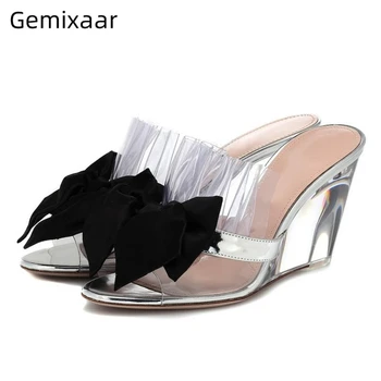 

Clear Crystal Wedges High Heel Shoes Woman Big Butterfly-knot Ruffles Transparent PVC Summer Shoes High Heel Slippers Women