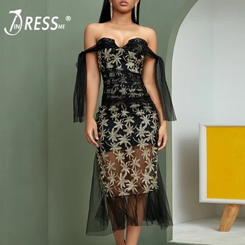 

INDRESSME Women Elegant Summer Bandage Dress Puff Bow Sleeve Slash Neck Lace Print Embroidery Party Dress Sexy Vestidos 2019