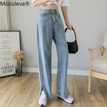 

Mozuleva 2020 Spring Vintage Flare Jeans Blue High Waist Button Split Floor-length Women Denim Jeans Fashion Female Denim Pant